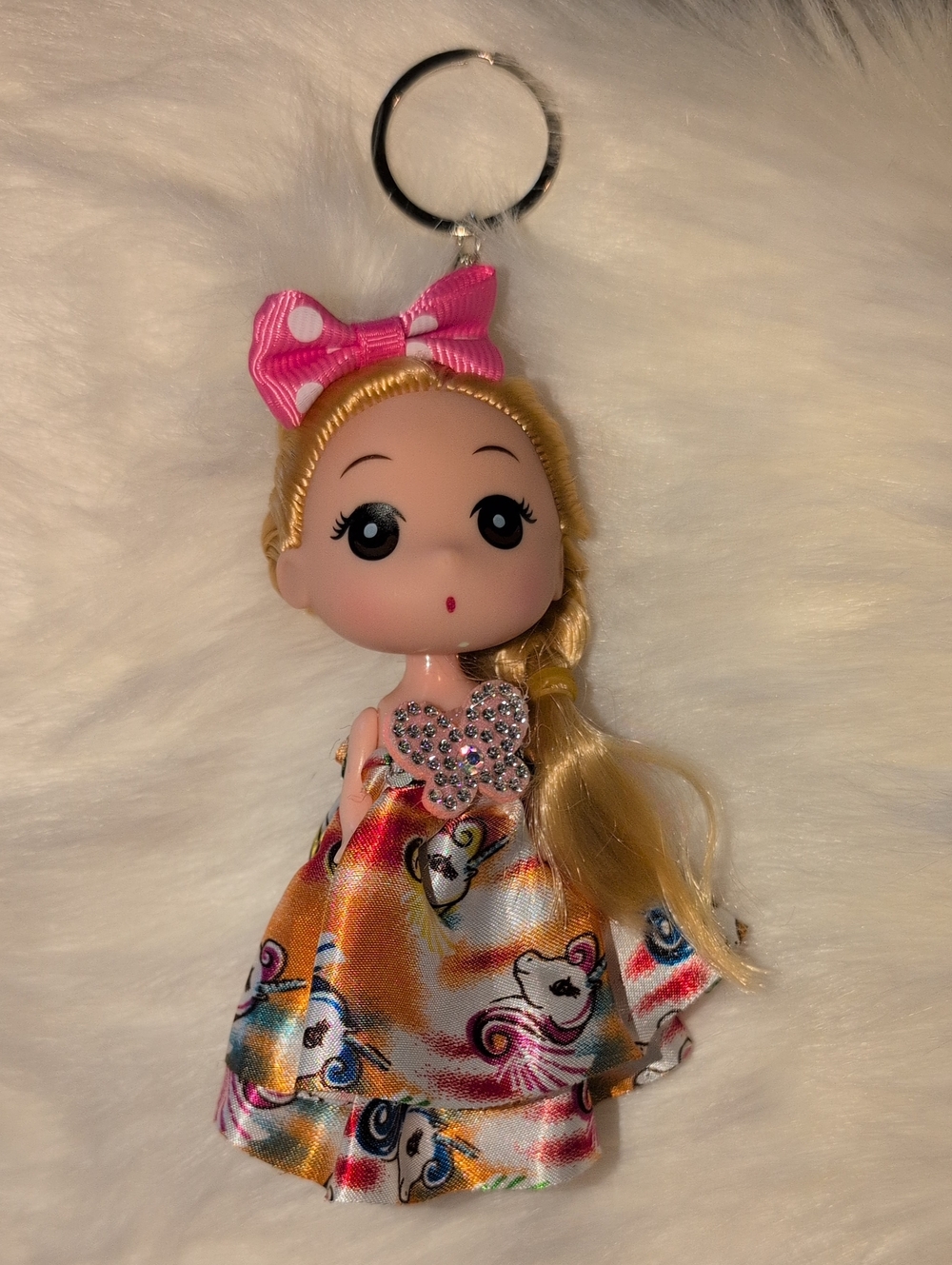 Cute Doll Keychain Bag Charm With Pink Polka Dot Bow